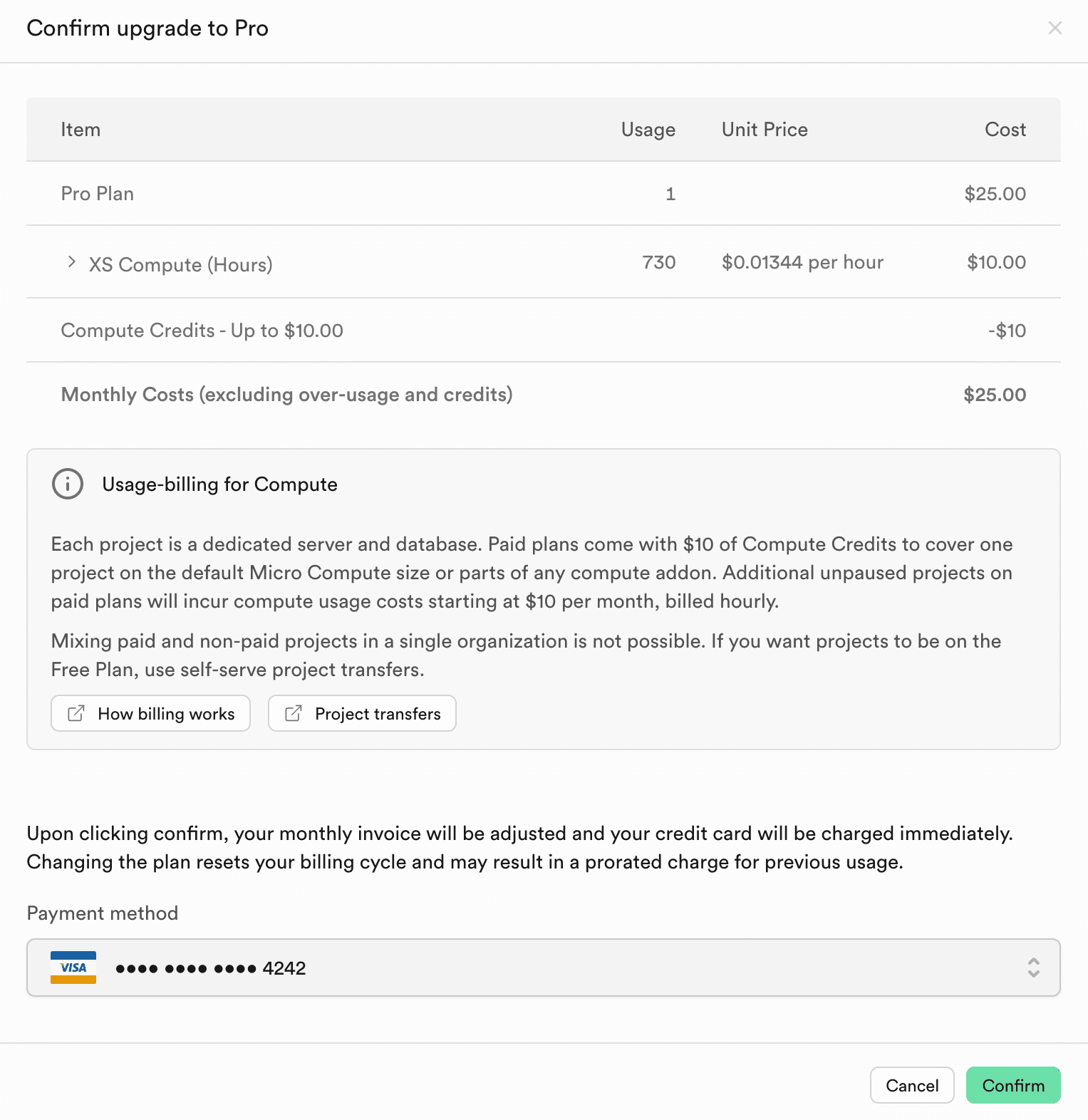 Subscription upgrade modal